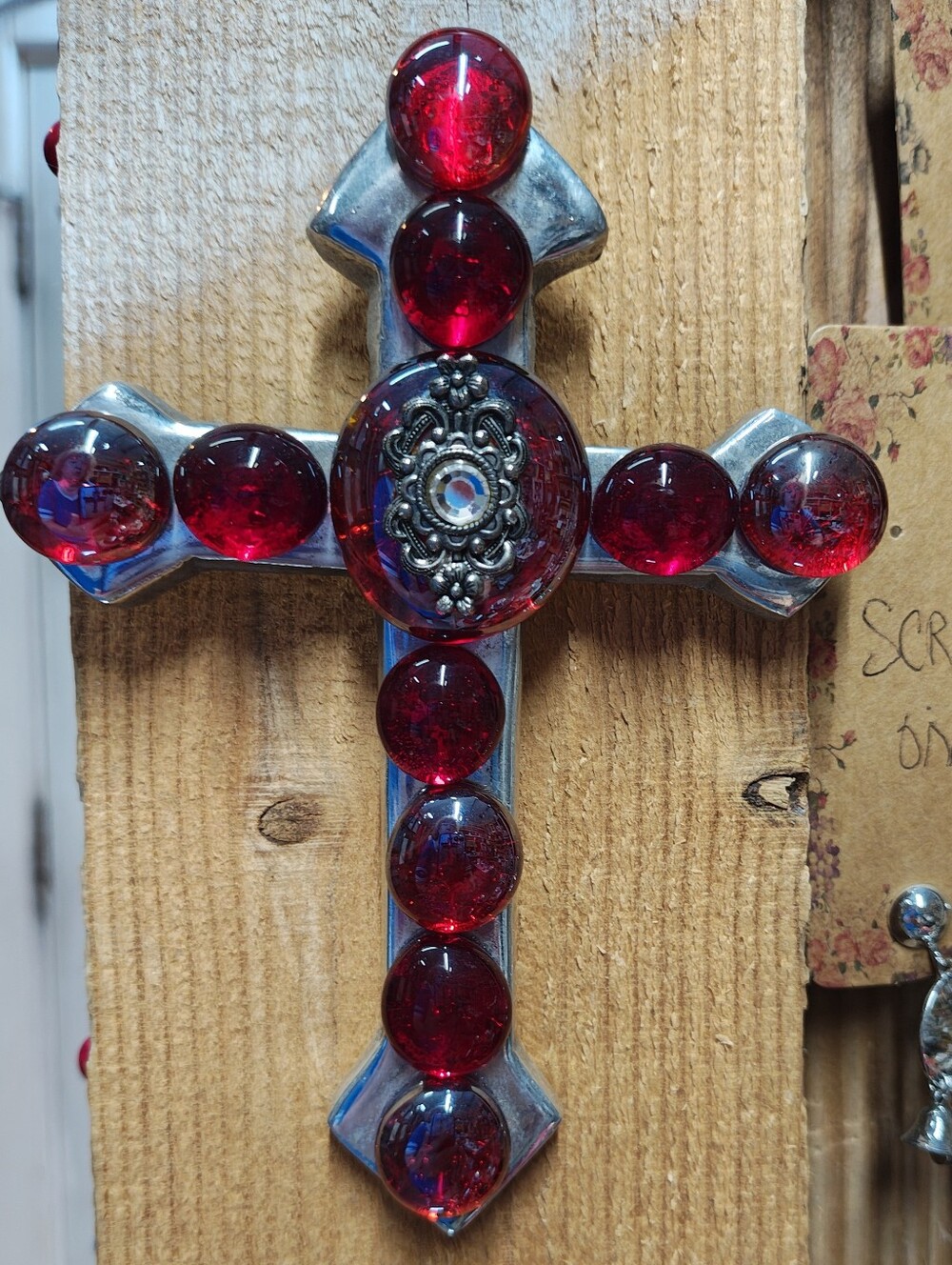 Gorgeous Cross -'Red Glass Jewels And Silver Dipped
